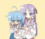  2girls blue_hair chocolate_cornet food green_eyes hair_between_eyes hiiragi_kagami izumi_konata konokawa lucky_star mole mole_under_eye multiple_girls purple_hair red_sailor_collar red_skirt sailor_collar simple_background size_difference skirt violet_eyes yellow_background 