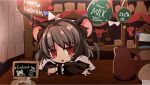  1girl ahoge animal_ear_fluff animal_ears bangs blush bow capelet chalkboard commentary_request cookie_(touhou) crossed_arms grey_hair happy_valentine heart looking_at_viewer manatsu_no_yo_no_inmu mouse_ears mouse_girl mouse_tail nazrin nyon_(cookie) open_mouth red_bow red_eyes short_hair smile solo sparseseethe table tail teapot touhou upper_body weighing_scale white_capelet 