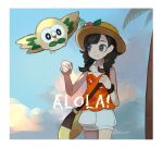  1girl bag bangs bare_shoulders bird black_hair blue_sky border braid closed_mouth clouds commentary eyelashes flat_chest floral_print flower grey_eyes handbag hat hat_flower hibiscus hibiscus_print highres leaf long_hair orange_tank_top outdoors owl palm_tree pink_flower pocket pokemon pokemon_(creature) pokemon_(game) pokemon_usum print_tank_top puffy_shorts rowlet selene_(pokemon) shorts single_bare_arm sky smile solo standing swept_bangs symbol-only_commentary tank_top tree twin_braids white_border white_shorts yellow_bag yellow_headwear yxyx_ika z-ring 