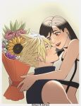  1boy 1girl artist_name bangs bare_arms bare_shoulders black_hair blonde_hair blue_eyes blush bouquet cloud_strife couple crop_top earrings english_commentary eye_contact final_fantasy final_fantasy_vii final_fantasy_vii_remake flower hetero highres holding holding_bouquet jewelry katsuartsu long_hair looking_at_another open_mouth red_eyes ribbed_sweater single_earring smile spiky_hair stud_earrings sunflower suspenders sweater swept_bangs tank_top teardrop_earring teeth tifa_lockhart turtleneck turtleneck_sweater upper_body upper_teeth_only white_tank_top 