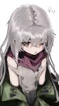  1girl brown_eyes character_name donut_335 flat_chest g11_(girls&#039;_frontline) girls_frontline green_jacket grey_hair highres jacket long_hair looking_at_viewer off_shoulder one_eye_closed open_mouth purple_scarf scarf simple_background sleeveless solo upper_body white_background 