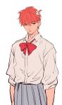  1boy absurdres arms_at_sides bangs bow bowtie closed_mouth collared_shirt cowboy_shot crossdressing dress_shirt earrings flower flower_earrings grey_skirt hair_flower hair_ornament highres jewelry looking_at_viewer male_focus red_bow red_bowtie red_eyes redhead sakuragi_hanamichi school_uniform shirt short_hair simple_background sketch skirt slam_dunk_(series) solo two_side_up u-min white_background white_flower white_shirt 