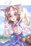  1girl ahoge animal_ears animal_on_shoulder bag blurry blurry_background blush breasts cat commentary_request gloves headband highres horse_ears horse_girl kuroi_mimei large_breasts meisho_doto_(umamusume) meto_(cat) open_mouth satchel sky solo tears umamusume violet_eyes 