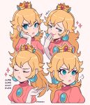 1girl absurdres blonde_hair blue_eyes blush cremanata crown dress earrings elbow_gloves english_text gloves highres jewelry multiple_views pink_dress ponytail princess_peach simple_background super_mario_bros. white_gloves 