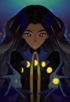  1girl black_hair blue_eyes blue_gloves crescent_moon dark-skinned_female dark_skin eyelashes full_moon geeta_(pokemon) gibbous_moon gloves half_moon jacket lightyear253733 long_hair long_sleeves looking_at_viewer moon moon_phases multicolored_hair multiple_moons neck_ribbon new_moon pokemon pokemon_(game) pokemon_sv ribbon smile solo yellow_ribbon 