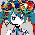  1girl abstract aqua_eyes aqua_hair aqua_necktie bangs bare_shoulders collared_shirt colored_skin commentary grey_background grey_shirt halftone hatsune_miku headset long_hair looking_at_viewer necktie no_nose portrait shirt sleeveless sleeveless_shirt solo straight-on twintails vocaloid white_skin wokichi 