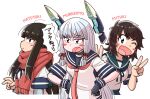  3girls black_hair blue_gloves blue_sailor_collar brown_hair character_name closed_mouth dress from_side gloves grey_hair hair_ribbon hatsuyuki_(kancolle) kantai_collection long_hair long_sleeves miyuki_(kancolle) multiple_girls murakumo_(kancolle) necktie one_eye_closed open_mouth partially_fingerless_gloves red_necktie red_ribbon red_scarf ribbon sailor_collar sailor_dress scarf school_uniform serafuku shin_(shin_k009) short_sleeves shouting sidelocks speech_bubble thick_eyebrows translation_request tress_ribbon v white_background 