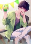  1boy :d alternate_eye_color alternate_hair_color bangs blurry blurry_background blurry_foreground boku_no_hero_academia bright_pupils collarbone colored_tips commentary crossed_legs cup depth_of_field drink drinking_glass elbow_on_thigh food foot_out_of_frame fruit gradient_hair green_jacket hands_up happy head_on_hand head_rest head_tilt holding holding_cup indoors jacket ktn0515 leaning_forward lemon lemon_slice looking_at_viewer looking_to_the_side male_focus multicolored_hair on_stool open_clothes open_jacket open_mouth pants pink_hair purple_hair purple_shirt sanpaku shindou_you shirt short_hair sitting sitting_sideways smile solo stool string_of_flags t-shirt table teeth turning_head upper_teeth_only violet_eyes white_pants white_pupils 