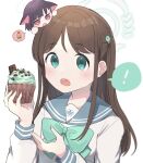  ! 2girls airi_(blue_archive) aqua_bow aqua_bowtie blue_archive blue_sailor_collar bow bowtie brown_hair chibi cupcake food food-themed_hair_ornament hair_ornament halo holding holding_food ice_cream_hair_ornament kazusa_(blue_archive) long_hair long_sleeves looking_at_viewer multiple_girls open_mouth sailor_collar school_uniform serafuku simple_background solo_focus spoken_exclamation_mark upper_body white_background white_serafuku wotakana_s 
