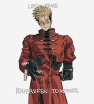  1boy absurdres coat earrings grey_background happy highres ibuprofen jewelry mole mole_under_eye red_coat ring simple_background single_earring sol_halite solo sunglasses trigun vash_the_stampede 