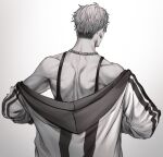  1boy aged_down arurandeisu back chain_necklace facing_away from_behind glasses greyscale highres holostars jacket jewelry male_focus median_furrow monochrome muscular muscular_male n@o_(nao) necklace off_shoulder short_hair simple_background solo tank_top upper_body virtual_youtuber white_background 