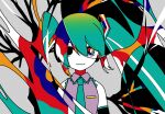  1girl abstract aqua_hair aqua_necktie bangs bare_shoulders black_eyes black_sleeves bright_pupils closed_mouth collared_shirt colored_skin colorful detached_sleeves grey_background grey_shirt hair_between_eyes hatsune_miku heterochromia light_smile long_hair looking_at_viewer multicolored_eyes necktie pop_art shirt sleeveless sleeveless_shirt solo standing twintails upper_body very_long_hair vocaloid white_pupils white_skin wokichi 