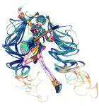  1girl absurdly_long_hair ahoge akiakane aqua_eyes aqua_footwear aqua_hair aqua_nails aqua_skirt arm_up belt black_belt black_footwear blonde_hair colored_tips electric_guitar electricity garter_straps glowing gradient_hair grin guitar hair_between_eyes hair_ornament halftone hand_up hatsune_miku hatsune_miku_japan_tour_2023_~thunderbolt~ high_collar holding holding_instrument holding_plectrum instrument leg_up leg_warmers lightning_bolt-shaped_pupils lightning_bolt_hair_ornament lightning_bolt_symbol long_hair long_sleeves looking_at_viewer midriff multicolored_hair nail_polish neon_palette official_alternate_costume official_art pink_hair pleated_skirt plectrum second-party_source shoes shrug_(clothing) simple_background single_garter_strap skirt smile solo thigh_strap transparent_background triangle_ring twintails two-sided_fabric two-sided_skirt two-sided_sleeves very_long_hair vocaloid wavy_hair 