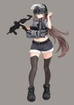  1girl bangs belt black_footwear black_thighhighs blue_eyes bow brown_hair bulletproof_vest cake506 closed_mouth commission denim denim_shorts full_body grey_background gun h&amp;k_mp7 hair_bow helmet highres holding holding_gun holding_weapon long_hair looking_at_viewer magazine_(weapon) midriff navel original red_bow shorts simple_background sleeves_rolled_up smile solo standing submachine_gun thigh-highs very_long_hair weapon 