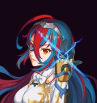  1girl alear_(female)_(fire_emblem) alear_(fire_emblem) bangs blue_eyes blue_hair breasts crossed_bangs emblem_ring fire_emblem fire_emblem_engage gloves glowing_gem hand_up heterochromia jewelry long_hair looking_at_viewer medium_breasts multicolored_hair open_mouth red_eyes redhead smile solo split-color_hair tiara two-tone_hair very_long_hair yycaihuahua 