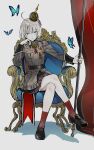  ahoge arm_support black_skirt blue_butterfly blue_eyes bug butterfly c-93_(girls&#039;_frontline) commentary_request crossed_legs dm_owr flag full_body girls_frontline grey_hair hair_between_eyes helmet highres holding holding_flag light_smile loafers looking_at_viewer military military_uniform on_chair pickelhaube pleated_skirt red_socks shoes short_hair sitting skirt socks uniform 