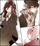  1girl 2boys 5574iahu blazer brown_eyes brown_hair collar_x_malice facing_to_the_side hat isshiki_yasuhiro jacket jewelry long_hair long_sleeves looking_at_viewer multiple_boys necklace pink_eyes pink_hair school_uniform short_hair uno_shion uno_suzune white_background 