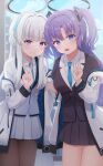  2girls blue_archive blue_eyes blush breasts grey_hair halo headphones highres hikkyou jacket long_hair looking_at_viewer multiple_girls noa_(blue_archive) open_clothes open_jacket open_mouth purple_hair shirt sidelocks smile solo two-sided_fabric two-sided_jacket v very_long_hair violet_eyes yuuka_(blue_archive) 