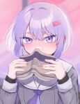  1girl a.i._voice artist_name bangs black_undershirt blurry blurry_background blush book covered_mouth floating_hair furrowed_brow grey_serafuku hair_between_eyes hair_ornament hairclip hands_up highres holding holding_book indoors light_purple_hair long_sleeves looking_at_viewer multicolored_sky neckerchief nyaka_e open_book pink_sky purple_neckerchief purple_sky raised_eyebrows romaji_text sailor_collar school_uniform serafuku short_hair sky upper_body violet_eyes voiceroid white_sailor_collar window yuzuki_yukari yuzuki_yukari_(shizuku) 