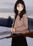  1girl bangs black_hair black_skirt blush bolt_action brown_sweater chainsaw_man closed_mouth clouds cloudy_sky grey_eyes gun highres io_(onisarashi) long_hair looking_to_the_side mole mole_on_cheek mole_under_eye outdoors own_hands_together pine_tree rifle santa_claus_(chainsaw_man) skirt sky sling snow solo strap sweater tree weapon weapon_request 