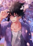  1boy bangs black_eyes black_hair blurry blurry_background blurry_foreground boku_no_hero_academia bright_pupils buttons cherry_blossoms cherry_tree collarbone depth_of_field falling_petals floating_clothes floating_hair hand_up jacket ktn0515 looking_to_the_side lower_teeth_only male_focus open_clothes open_jacket open_mouth outdoors petals purple_jacket sanpaku shindou_you shirt short_hair smile solo t-shirt teeth turning_head unbuttoned upper_body white_pupils white_shirt wind 