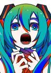  1girl aqua_eyes aqua_nails bangs bright_pupils hair_between_eyes hair_ornament halftone hatsune_miku highres long_bangs long_hair looking_at_viewer nail_polish open_mouth own_hands_together portrait screaming simple_background solo straight-on teeth twintails vocaloid white_background white_pupils wokichi 