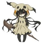  1girl @_@ black_gloves black_hair fujimura_akemi gloves hair_over_one_eye holding holding_staff hood hooded_robe long_hair mimikyu parted_lips personification pointing pointing_at_self pokemon robe simple_background solo staff white_background 