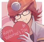  1boy black-framed_eyewear black_shirt border commentary_request glasses gloves grey_jacket grin hands_up happy_valentine heart helmet highres holding jacket male_focus medium_hair orange_headwear outline outside_border pokemon pokemon_(game) pokemon_dppt red_eyes redhead roark_(pokemon) shirt sioinari_03 smile solo teeth upper_body valentine white_border 