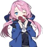  1girl arknights black_ribbon blue_poison_(arknights) blue_sailor_collar blush gift heart heart-shaped_pupils holding holding_gift hood hood_down jacket long_hair long_sleeves low_twintails neck_ribbon open_clothes open_jacket pink_hair ribbon sailor_collar shirt simple_background solo symbol-shaped_pupils twintails upper_body valentine weshika white_background white_shirt 