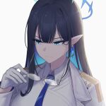  1girl bangs black_hair blue_archive blue_eyeliner blue_eyes blue_necktie breasts coat earrings glasses gloves halo highres jewelry long_hair long_sleeves mechanical_halo necktie pointy_ears qumai79 rin_(blue_archive) simple_background solo white_coat white_gloves white_uniform 