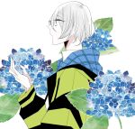  1boy black_jacket blue_eyes blue_flower facing_to_the_side flower green_jacket jacket long_sleeves male_focus multicolored_clothes multicolored_jacket possession_magenta purple_flower shizuma_souta short_hair solo unm777 white_background white_hair 