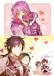  !? 1girl 2boys armor bandaid bandaid_on_hand bangs blush braid braided_ponytail bridal_gauntlets candy chocolate commentary food genshin_impact hair_ornament heart heart-shaped_chocolate holding holding_chocolate holding_food japanese_clothes kimono long_hair multiple_boys nananasleep necktie purple_hair purple_kimono raiden_shogun shoulder_armor sweatdrop white_necktie wide-eyed xiao_(genshin_impact) zhongli_(genshin_impact) 