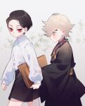  2boys 779762391_(lofter) aged_down arm_grab bangs bead_necklace beads black_hair black_kimono black_shorts book closed_mouth clothes_grab collared_shirt cowboy_shot douma_(kimetsu_no_yaiba) dress_shirt from_side frown grey_background grey_hair highres holding holding_book japanese_clothes jewelry kibutsuji_muzan kimetsu_no_yaiba kimono long_sleeves looking_at_another looking_at_viewer looking_away looking_to_the_side male_focus multicolored_eyes multiple_boys necklace pout red_eyes sash shirt shirt_tucked_in short_hair shorts sleeves_past_wrists time_paradox walking white_hair white_shirt wide_sleeves 
