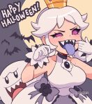  1girl bat_(animal) black_sclera boo_(mario) colored_sclera colored_tongue cremanata crown dress english_text ghost gloves happy_halloween highres long_hair new_super_mario_bros._u_deluxe open_mouth princess_king_boo purple_tongue sharp_teeth super_crown super_mario_bros. teeth tongue tongue_out upper_teeth_only violet_eyes white_dress white_gloves white_hair 