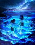  2girls absurdres bangs barefoot bioluminescence black_hair black_skirt facing_away galaxy hayateluc highres holding_hands long_hair looking_back mountainous_horizon multiple_girls night ocean original outdoors pleated_skirt pointing pointing_up profile rock running sailor_collar school_uniform serafuku shirt short_sleeves skirt sky soles splashing star_(sky) starry_sky water white_serafuku white_shirt 