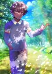  1boy bangs black_pants blue_sky blurry blurry_background brown_eyes brown_hair closed_mouth clouds collared_shirt commentary_request commission day depth_of_field grey_sweater hair_between_eyes kou_hiyoyo long_sleeves male_focus original outdoors pants puffy_long_sleeves puffy_sleeves shirt skeb_commission sky solo sweater tree white_shirt 