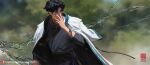  1boy adjusting_eyewear black_hair chinese_clothes commentary_request day fantasy glasses hand_up highres hydrokinesis kan_liu_(666k) male_focus original outdoors pointy_ears robe sheath short_hair solo water 