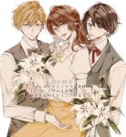  1girl 2boys 5574iahu blonde_hair bouquet brown_eyes brown_hair flower glasses hetero kuze_tsugumi long_hair long_sleeves looking_at_viewer multiple_boys nil_admirari_no_tenbin ozaki_hayato shirt short_hair translation_request ukai_shougo white_flower white_shirt yellow_eyes 