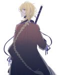  1boy ahoge blonde_hair braid closed_mouth clothing_request highres holding holding_sword holding_weapon japanese_clothes l.g.s long_hair long_sleeves looking_at_viewer looking_back male_focus red_eyes smile solo sword taikoubou_(l.g.s) unm777 weapon 