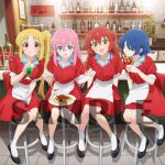  4girls ahoge apron bangs blonde_hair blue_eyes blue_hair bocchi_the_rock! commentary_request cube_hair_ornament diner drinking_straw food gotou_hitori hair_between_eyes hair_ornament holding holding_food holding_pizza ijichi_nijika kita_ikuyo looking_at_viewer multiple_girls official_art parted_bangs pasta pink_hair pizza red_eyes redhead sample_watermark short_hair side_ponytail soda spaghetti toubun14 waitress yamada_ryou yellow_eyes 