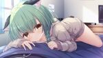  1boy 1girl :&lt; animal_ears blurry blush bokeh braid cat_ears depth_of_field game_cg green_hair highres hood hoodie indoors long_hair long_sleeves looking_at_viewer lying lying_on_person mikagami_mamizu official_art on_back on_bed on_person photoshop_(medium) pov rina_(unless_terminalia) solo_focus under_covers unless_terminalia yellow_eyes 