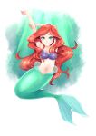  1girl ariel_(disney) arm_up blue_eyes blush eyelashes highres light_rays long_hair mermaid monster_girl navel ouhashi_(yumenosukima) redhead shell shell_bikini smile solo the_little_mermaid underwater very_long_hair wavy_hair 