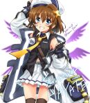  1girl artist_name black_gloves blue_eyes blush breasts brown_hair brown_thighhighs dated fingerless_gloves gloves grin hair_ornament hat highres looking_at_viewer lyrical_nanoha mahou_shoujo_lyrical_nanoha mahou_shoujo_lyrical_nanoha_a&#039;s miniskirt navel san-pon shiny_skin short_hair simple_background skirt small_breasts smile solo thigh-highs white_background white_skirt x_hair_ornament yagami_hayate 