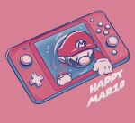  1boy blue_overalls english_text facial_hair gloves handheld_game_console hat highres kairy_draws mario mario_day mustache overalls red_background red_headwear red_shirt red_theme shirt simple_background super_mario_bros. white_gloves 