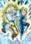  2boys absurdres angry aura bare_shoulders biceps blonde_hair blue_bodysuit blue_footwear blue_sash blue_shirt bodysuit boots clenched_teeth commentary_request dougi dragon_ball dragon_ball_z electricity energy energy_ball full_body gloves green_eyes hands_up highres incoming_attack long_hair looking_at_viewer male_focus mocky_art multiple_boys muscular muscular_male no_eyebrows open_mouth outstretched_arm sash shirt short_sleeves sleeveless sleeveless_bodysuit son_goku spiky_hair super_saiyan super_saiyan_2 super_saiyan_3 teeth tongue v-shaped_eyebrows vegeta white_footwear white_gloves 