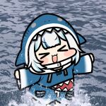  &gt;_&lt; 1girl :3 animal_hood blue_hair blush_stickers closed_eyes commentary gawr_gura hololive hololive_english hood jazz_jack lowres multicolored_hair open_mouth outstretched_arms shark_hood sharp_teeth smile solo splashing streaked_hair teeth virtual_youtuber wading white_hair 