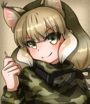  1girl animal_ears bullet camouflage cat_ears closed_mouth extra_ears goggles grey_eyes grey_hair highres hikarikmy jacket jungle_cat_(kemono_friends) kemono_friends kemono_friends_v_project long_hair looking_at_viewer ribbon simple_background smile solo twintails virtual_youtuber 