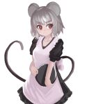  1girl absurdres alternate_costume animal_ears apron bangs black_dress blush breasts clip_studio_paint_(medium) closed_mouth commentary_request cowboy_shot dress enmaided grey_hair highres holding holding_plate lenserd looking_at_viewer maid medium_breasts mouse_ears mouse_girl mouse_tail nazrin pink_apron plate red_eyes short_hair short_sleeves simple_background smile solo tail touhou white_background 
