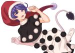  1girl bangs black_capelet capelet commentary_request doremy_sweet dress hat kakone looking_at_viewer nightcap open_mouth pom_pom_(clothes) purple_hair red_headwear santa_hat short_hair simple_background solo tail tapir_tail teeth touhou upper_teeth_only violet_eyes white_background white_dress 