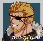  1boy armor artist_name beard blonde_hair close-up draws_casual english_text eyepatch facial_hair green_background gyee highres looking_at_viewer male_focus manly markus_(gyee) mature_male scar scar_on_face signature simple_background smirk solo spiky_hair teeth yellow_eyes 